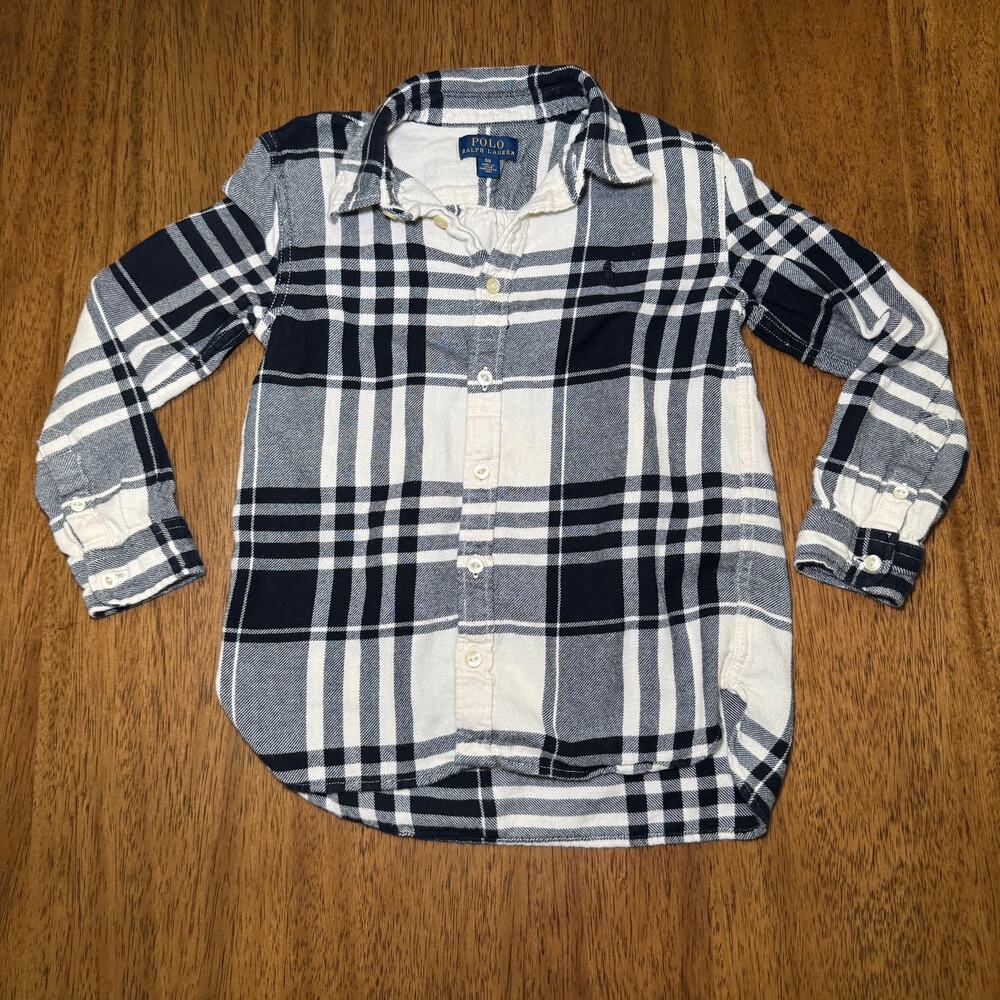 Polo Ralph Lauren Girls 6X Black Cream Plaid Flannel Shirt Button Down Pony